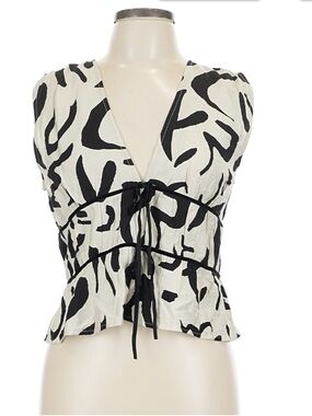 Tulle Black and White Abstract Tie-Front V-Neck Top